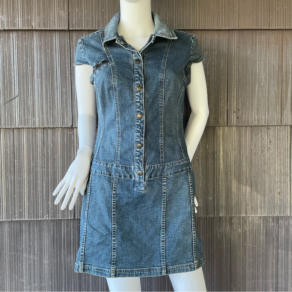 🔥Vintage Y2K Guess Denim Mini Dress Mid Wash Blue Stretch Jean Women Size S-M